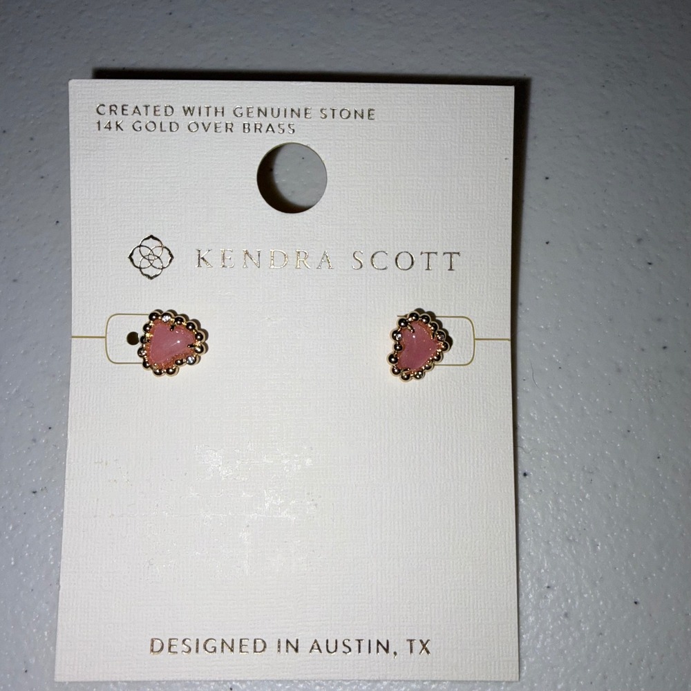 Kendra Scott Ari Heart Stud Earrings Pink Stone 14k Gold Plated 215-16-3163